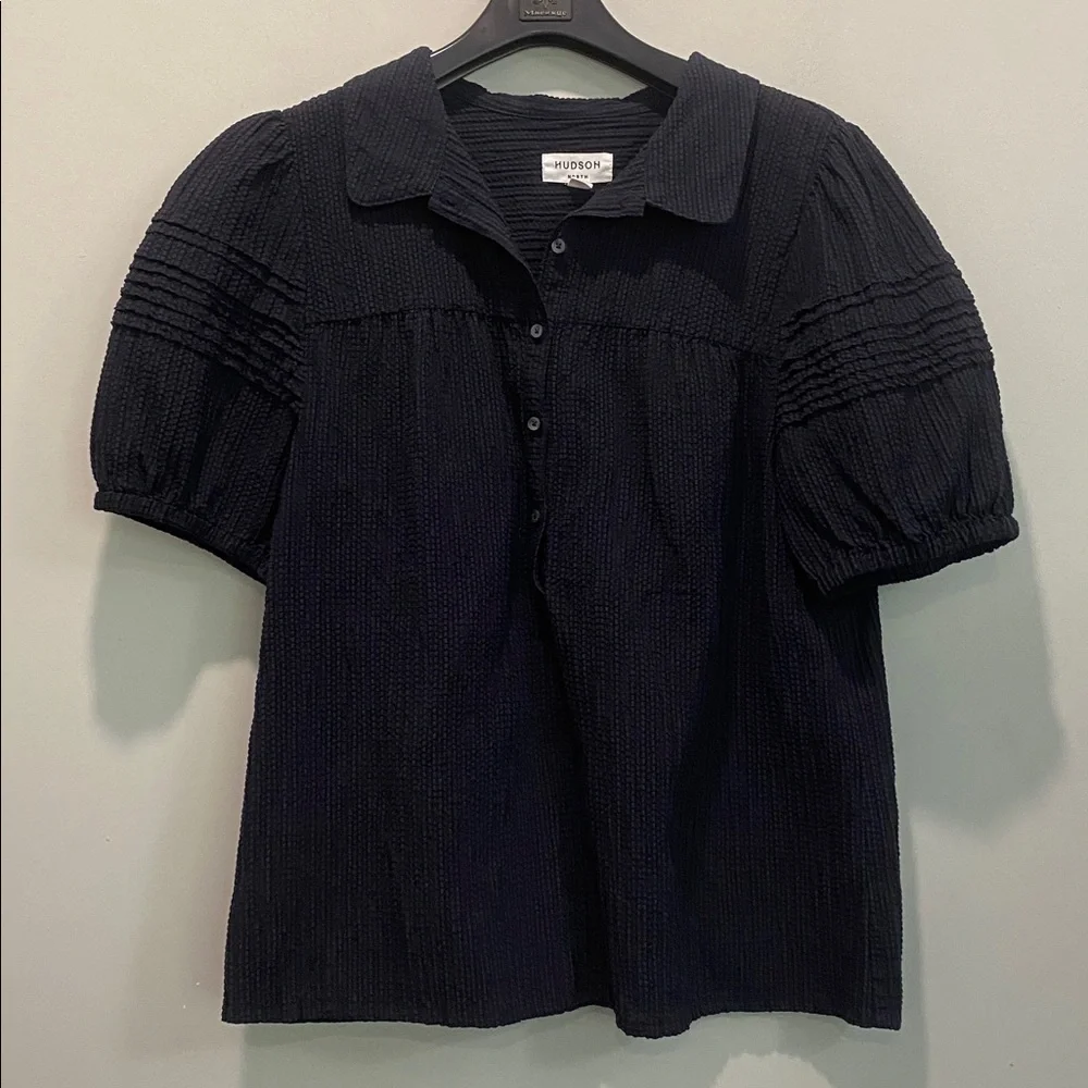 Hudson North Linen Puff Sleeve Blouse Navy Blue Textured Top Size Medium - Picture 13 of 16